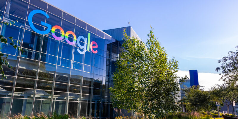 June 8, 2019 Mountain View / CA / USA - Google office building in the Company's campus in Silicon Valley; The "double o's" of the logo are decorated in rainbow colors in honor of LGBTQ Rights