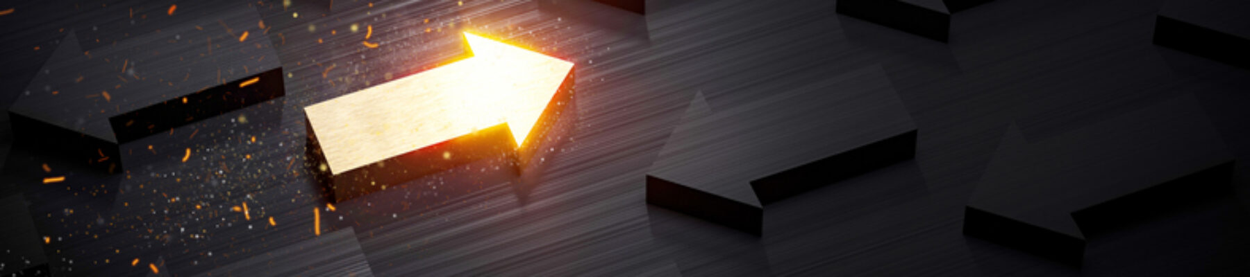A golden arrow going against the trend of other dark arrows.