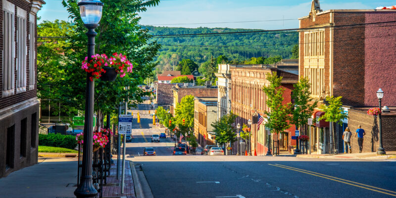 Business district Marquette Michigan on hill side main street