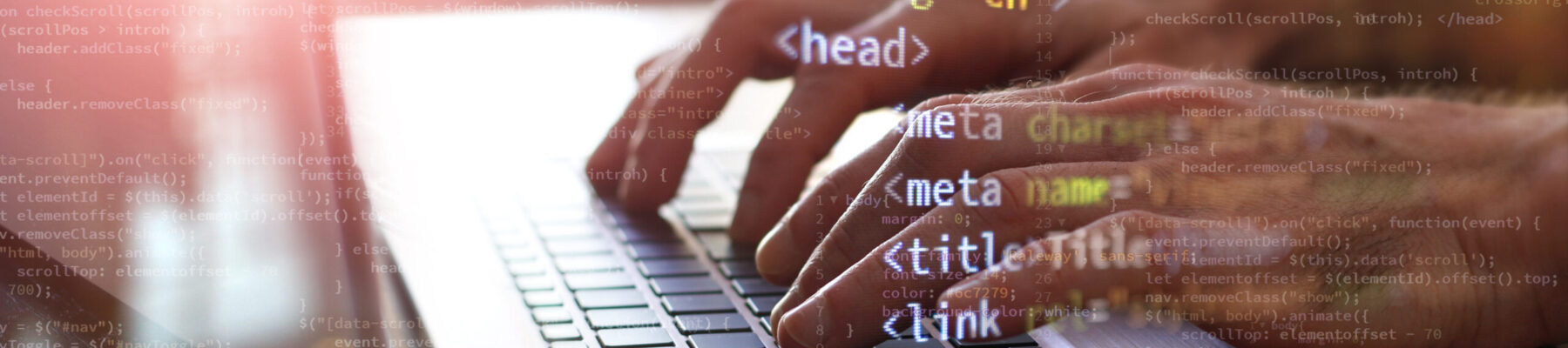 hands printing code on laptop. internet technology concept business front-end developing banner. mixed media background