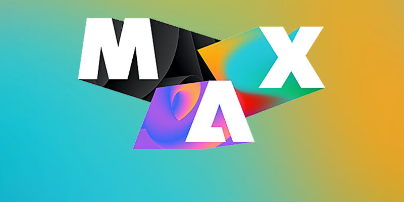 Bold white letters spell MAX formed by overlapping geometric shapes on a vibrant gradient background.